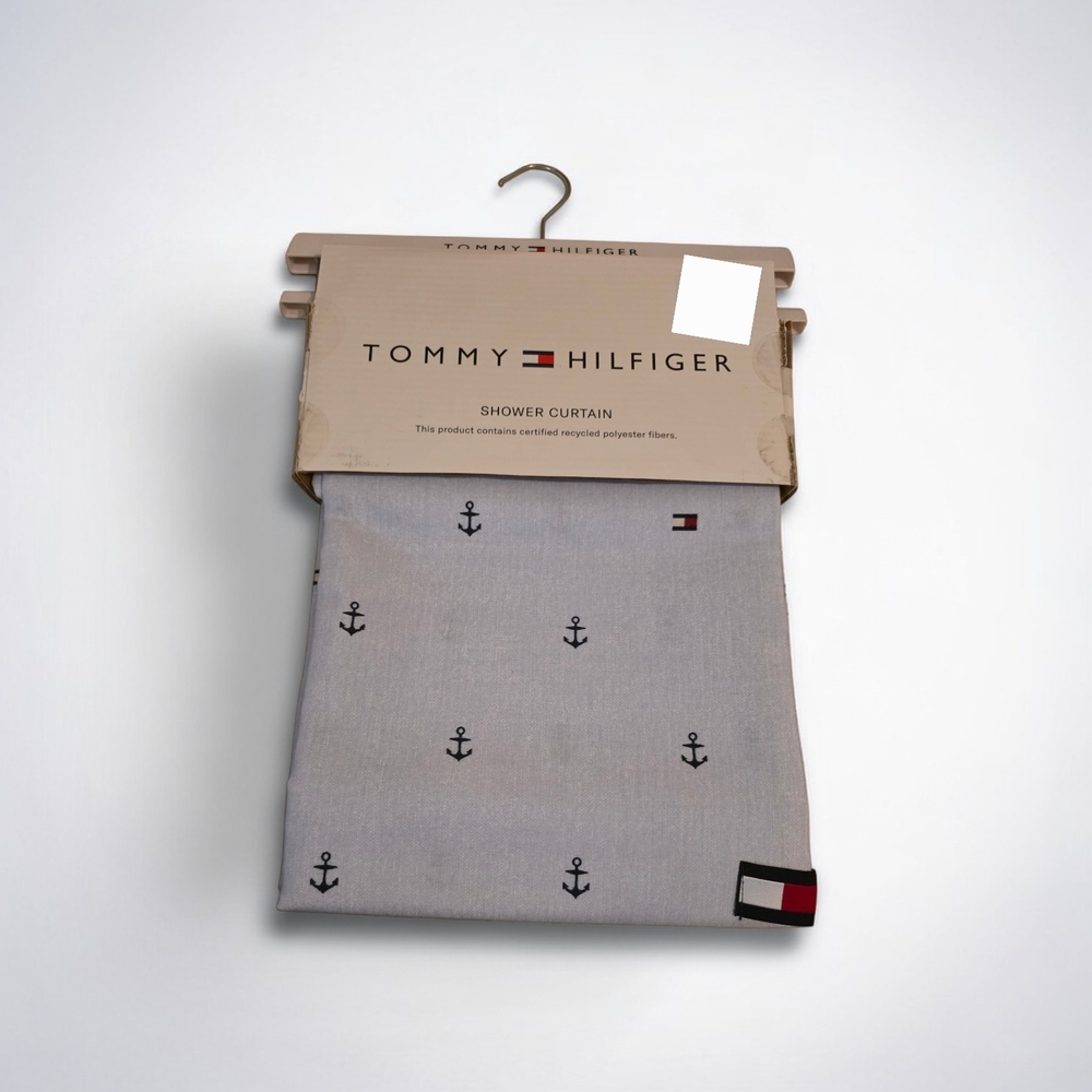 Tommy Hilfiger Light Blue Anchors Stripes Fabric Shower Curtain 72 X 72 New